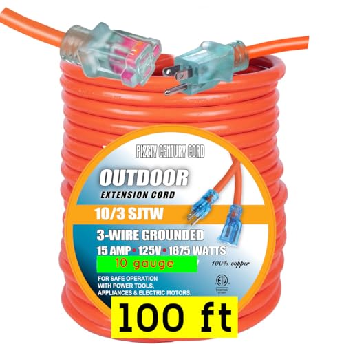 pizety Extension Cord 100 ft 10 Gauge Heavy Duty Indoor Outdoor Outlet Power 100 ft Extension Cord 10/3 Plug with Lighted Ends 125 Volt 1875 watt 15 amp UL Listed Waterproof Copper