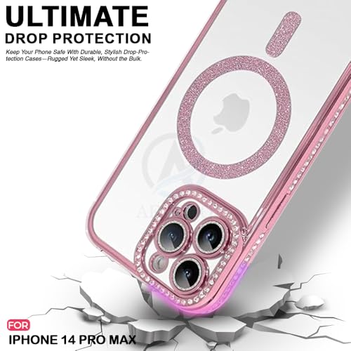 Image of AESTMO Back Cover for iPhone 14 Pro Max Compatible with MagSafe | Diamond Glitter Case | Luxury Bling Rhinestone Soft Clear TPU Bumper | Camera Lens Protection Cover for iPhone 14 Pro Max (Pink)