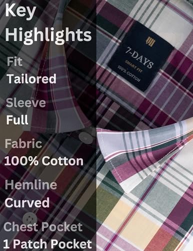 Image of 7-DAYS Men's Premium Check Shirt - 100% Cotton, Tailored Fit (Between Slim & Regular), Full Sleeve, with Pocket - Smart Office & Casual Look