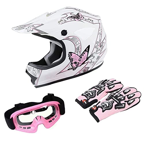 SLMOTO Youth Kids Motocross DOT Approved Helmet Offroad Street Helmet Motorcycle Helmet Dirt Bike Motocross ATV Pink Butterfly Helmet+Goggles+Gloves Pink Butterfly Design Small