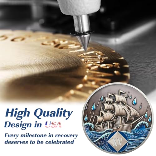 Image of Braving The Storm 15 Year Sober Coin, Nautical NA Coin, Addiction Recovery Fifteen Year Sober Chip, Celebrating Recovery Anniversary Token, Narcotics Anonymous Sobriety Gifts for Men Women