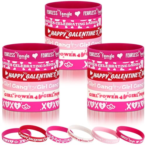 Ferreve 60 Pcs Galentine's Day Wristband Bulk Friends Silicone Bracelets Pink Red Valentine's Day Wristband Bulk for Friendship Gift Items Bag Valentine Exchange Gifts Party Decoration Supplies