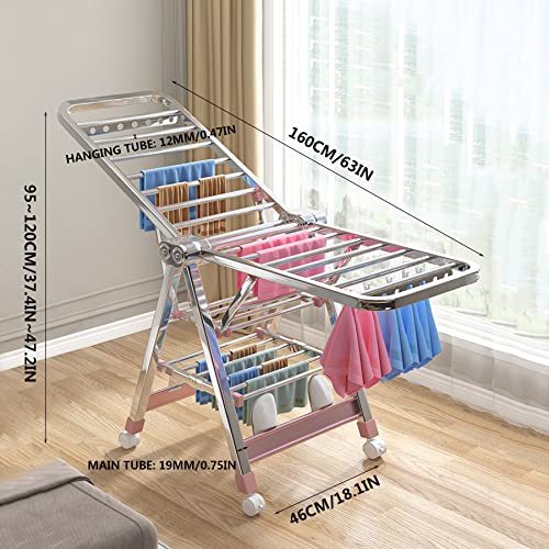 Este tendedero de Ropa de Interior con Ruedas, tendedero Plegable de Interior con alas Ajustables en Altura, tendedero Plegable Independiente para Interiores y Exteriores, 1,6 m