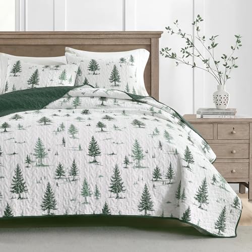 HORIMOTE HOME Green Quilt Set Queen Size 3 Pieces Reversible Fine Printed Bedspreads with Forest Tree Pattern Soft and Lightweight Bed Coverlet Bedding Sets for All Season