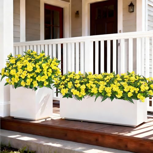 Image of Bassion 6 Bundles Artificial Flowers for Outdoors Fake Impatiens, Yellow | UV resistant, silk flowers, no fade realistic faux plants, outside patio garden porch planters window box balcony home decor