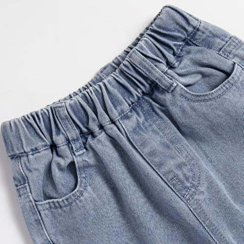 Girls Elastic Waist Straight Jeans Blue Baggy Wide Leg Denim Pants3