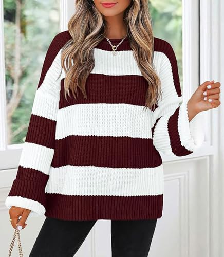 Image of Women's Striped Knitted Pullover Crew Neck Fall Winter Sweater Long Sleeve Color Block Jumper