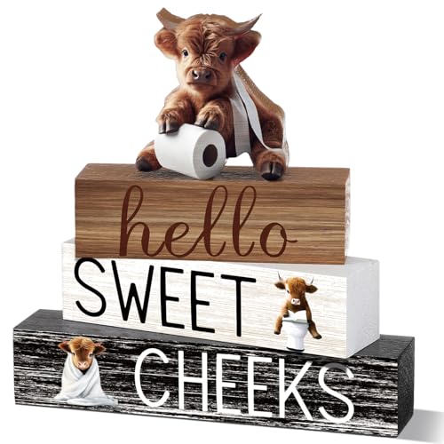 Cinnvoice 4 Pcs Highland Cow Bathroom Decor Farmhouse Cow Bathroom Decoration Western Hello Sweet Cheeks Table Centerpiece Christmas