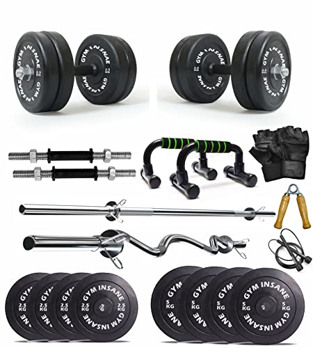 Image of 32kg rubber plates home gym set iron dumbbell set 5 feet straight rod 20mm, 3feet curl rod pushup stand gym set for home workout with accessories exercise equipment for men & women.