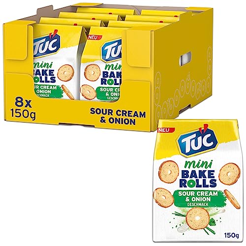 TUC Bake Rolls Mini Sour Cream & Onion – Knusprige doppelt gebackene Brotchips – 8 x 150g
