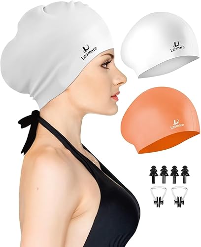 Miniatura 1 de Gorro de natación de cabello largo para mujer, paquete de 2, gorras de natación de silicona para adultos, mujeres y hombres con tapones para los