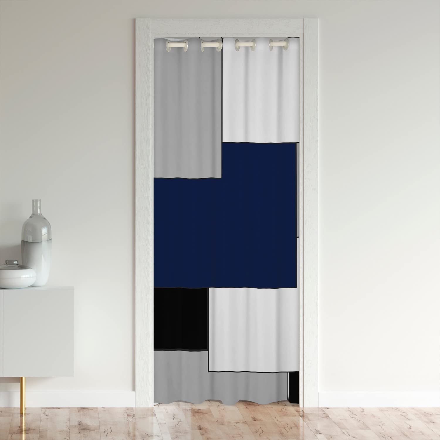 Geometric Doorway Curtains Privacy Navy Blue Modern Square Closet Door Curtain for Bedroom 30%-50% Blackout Room Darkening Thermal Insulated Curtain Drape for Doors Windows 132x203cm 1 Panel
