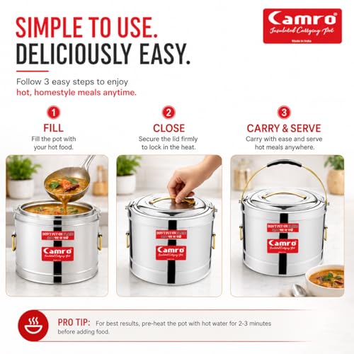 Image of Camro Sambar Pot Stainless Steel 7.5 Liters | Sambar Container with Lid | Casserole for Cooking | Canteen & Hotel Casserole Container | Picnic HotPot | Biryani Box Puff Insulated Hot & Cold Serving