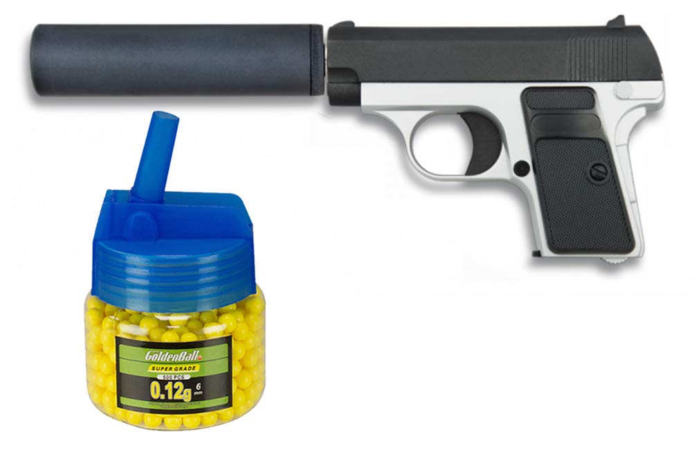 Tiendas LGP, Albainox 35721 Arma Airsoft, Pistola Aire Suave, con silenciador, Potencia 0,8 Julios + Biberón 500 Bolas 12 Gramos de 6 mm. de Regalo