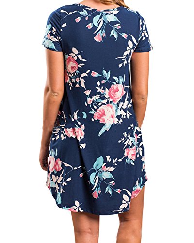 Vestido feminino floral de manga curta com bolsos, casual, solto, camiseta, vestido de verão
