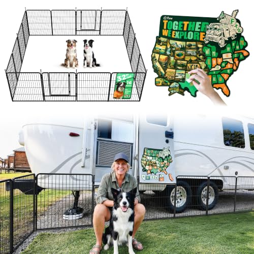 Image of FXW Instant Dog Playpen with RV State Travel Map for Camping Outdoor Yard | Quick-Setup Play Yard, 16 Panels + 50 USA State Decals, 32inch for Small & Medium Dogs | Patented