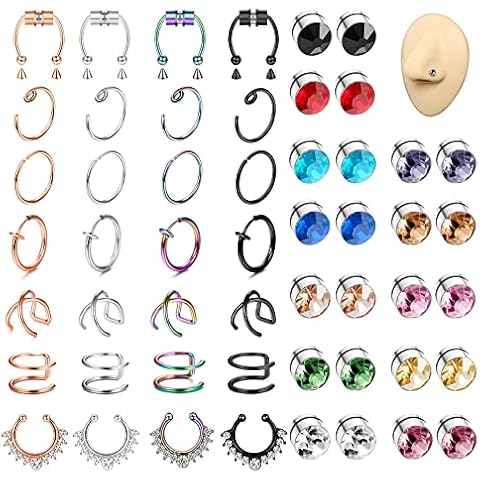 ORAZIO Fake Nose Ring - Stainless Steel Fake Nose Rings for Women Small Faux Septum Nose Ring Stud CZ Lip Ring Stud Nose Cuff Cartilage Earring Small Non Piercing Nose Ring Faux Piercing Jewelry Cover