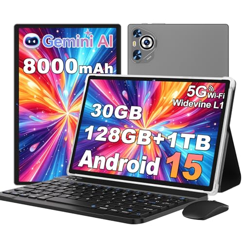 Image of Android 15 Tablet, 30GB RAM + 128GB ROM 1TB TF, 2026 Tablet with Keyboard and Mouse, 10.1 inch Touchscreen, 8000mAh Battery, Incell Display, 2.0GHz, Gemini AI, 5G WiFi, BT 5.0, GPS- Metal Grey