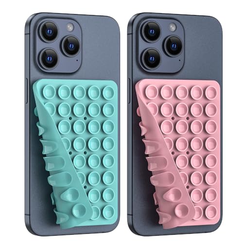 Image of Double Sided Silicone Suction Phone Holder Mount, Silicon Accessory for iPhone and Android, Hands-Free Mirror Shower Phone Holder, TikTok Videos and Selfies (Light Blue+Sand Pink)
