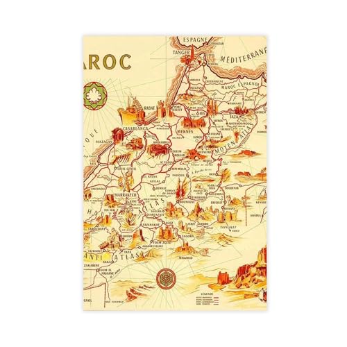 Póster de mapa de Marruecos, 1950, lienzo artístico, decoración de pared, pinturas para sala de estar, dormitorio, decoración de 12 x 18 pulgadas (30 x 45 cm)