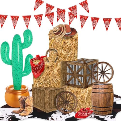 Décoration de fête de cowboy occidental Soulchen avec tapis peau de vache et tonneau