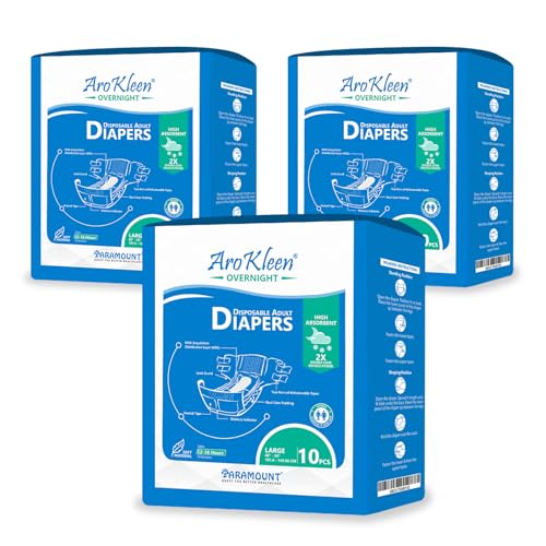 Image of AroKleen Overnight Adult Diapers Tape Style, Large, 30 Count, Waist Size (101.6-149.86 cm | 40 inch-59 inch Inches) | 2X Absorbent, 16 Hour Protection, Wetness Indicator- Pack 3