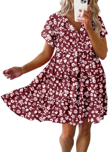 Image of Dokotoo Womens Summer Casual Boho Floral Dresses 2026 V Neck Short Sleeve Sundresses Flowy Swing A-Line Mini Dress