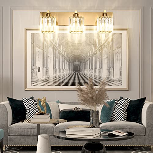 Image of Aipsun Bathroom Vanity Light Fixtures Crystal Vanity Lighting Fixtures Brass 3 Light Bathroom Lighting (Exclude Bulb)
