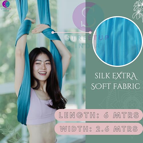 Image of Streetup India Silk Fabric Pro Aerial Swing /Yoga Hammock 6 x 2.6 Mtrs Long Fabric With 2 Carabiner| Sky Blue