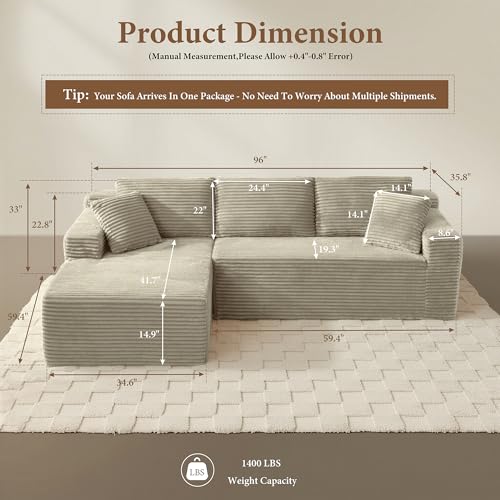 Image of 96 inch Sectional Couches for Living Room Cloud Couch Sofa with L-Shape Upholstered Boneless Couchs Modern Modular Sectional Couch with Chaise (Camel, 95 inch W+Left Facing Chaise+2Seaters)