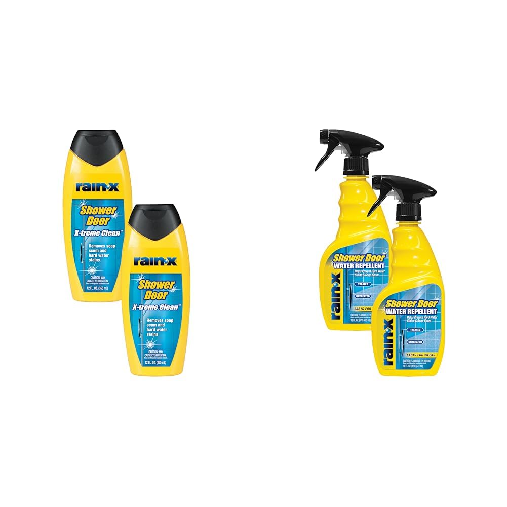 Paquete para el cuidado de puertas de ducha Rain-X: Limpiador de vidrios X-Treme Clean de 355 ml y repelente de agua de 457 ml para protección contra residuos de jabón y agua dura (paquete de 2 unidades)