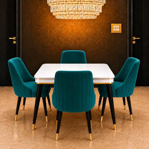 Image of WOODEN SPACE 4 Seater Wooden Dining Table Set | Urban Marble Top Dining Table with Chairs for Dining Room & Kitchen (Modern Infinity Backline Sea Blue) (42 x 42 x 30 inch)