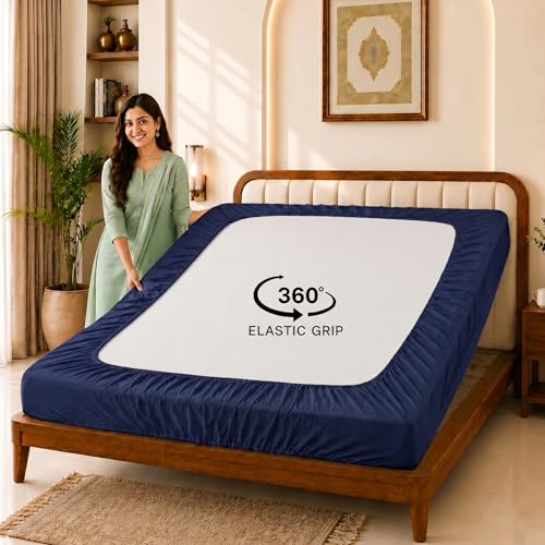 Image of Glassiano Cotton Feel Terry Ultra Soft Waterproof Mattress Protector | Breathable - Hypoallergenic Mattresses Cover with Elastic Strap for Single Bed (78x42 inch|6.5x3.5 feet, Navy Blue - Pack of 1)