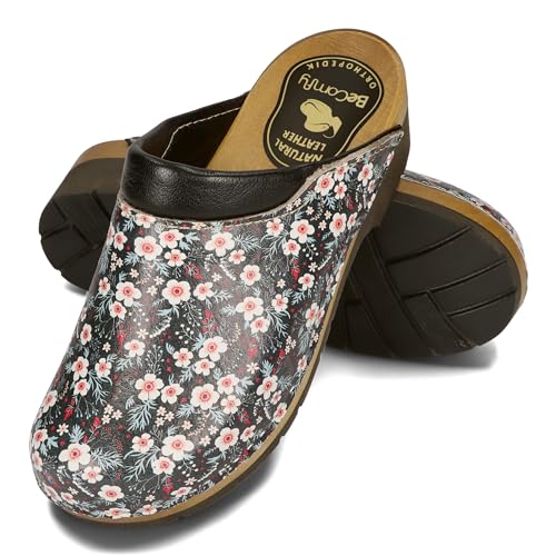 BeComfy Sabots en Cuir pour Femme Mules à Talons en Gomme/Bois Fleurs Noir Blanc 35-41 EU (Noir à Fleurs, Numeric_40)