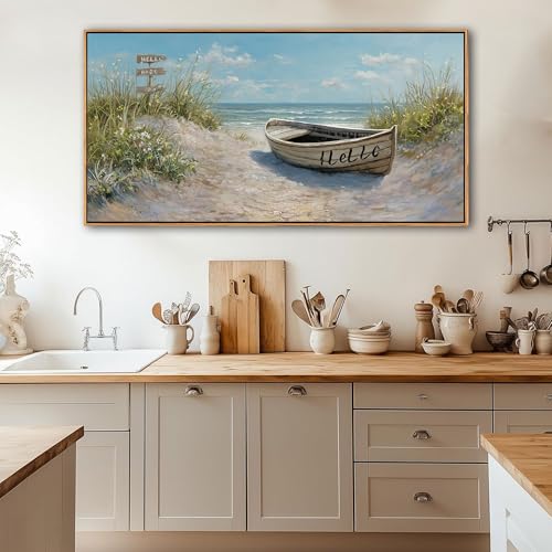 Image of AJAZIKO Coastal Canvas Wall Art Paintings - Beach Wall Pictures for Living Room with and Ocean Themes - Boat Wall Decor and Ocean Wall Art for Home Artwork for Walls 20x40IN