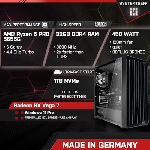 SYSTEMTREFF PC de Bureau AMD Ryzen 5 Pro 5655G 6x4.4GHz | AMD RX Vega 7 | 1To M.2 NVMe | 32Go DDR4 RAM | Windows 11 Pro | Ordinateur de Bureau Silencieux avec WLAN pour Usage Professionnel multimédia – Image 3