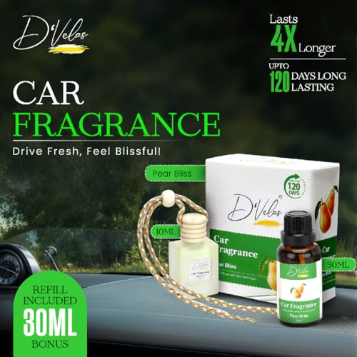 Image of D'Velas 40ml Car Fragrance Diffuser Set - Long-Lasting Upto 120 Days | Pear Bliss | No Paraben | Elegant 10ml Wooden Lid Bottle with 30ml Refill | Perfume Diffuser | Odor Eliminator for Car Interior