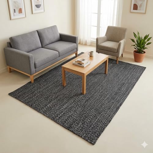 Image of Handmade Cotton Braided 4x6 feet Area Rug - Washable, Low Pile Reversible Floor Mat for Bedroom, Kitchen, Entryway & Living Room - Eco-Friendly Woven Carpet - (Charcoal, Rect)