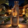Autodaya 5-Tier Faux Rattan Vase Water Fountain Outdoor with LED Lights, Polyresin Cascading Waterfall Feature, Tranquil Oasis for Garden, Patio, Yard, or Porch