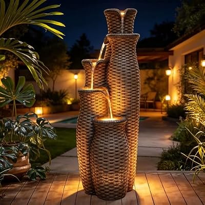 Autodaya 5-Tier Faux Rattan Vase Water Fountain Outdoor with LED Lights, Polyresin Cascading Waterfall Feature, Tranquil Oasis for Garden, Patio, Yard, or Porch