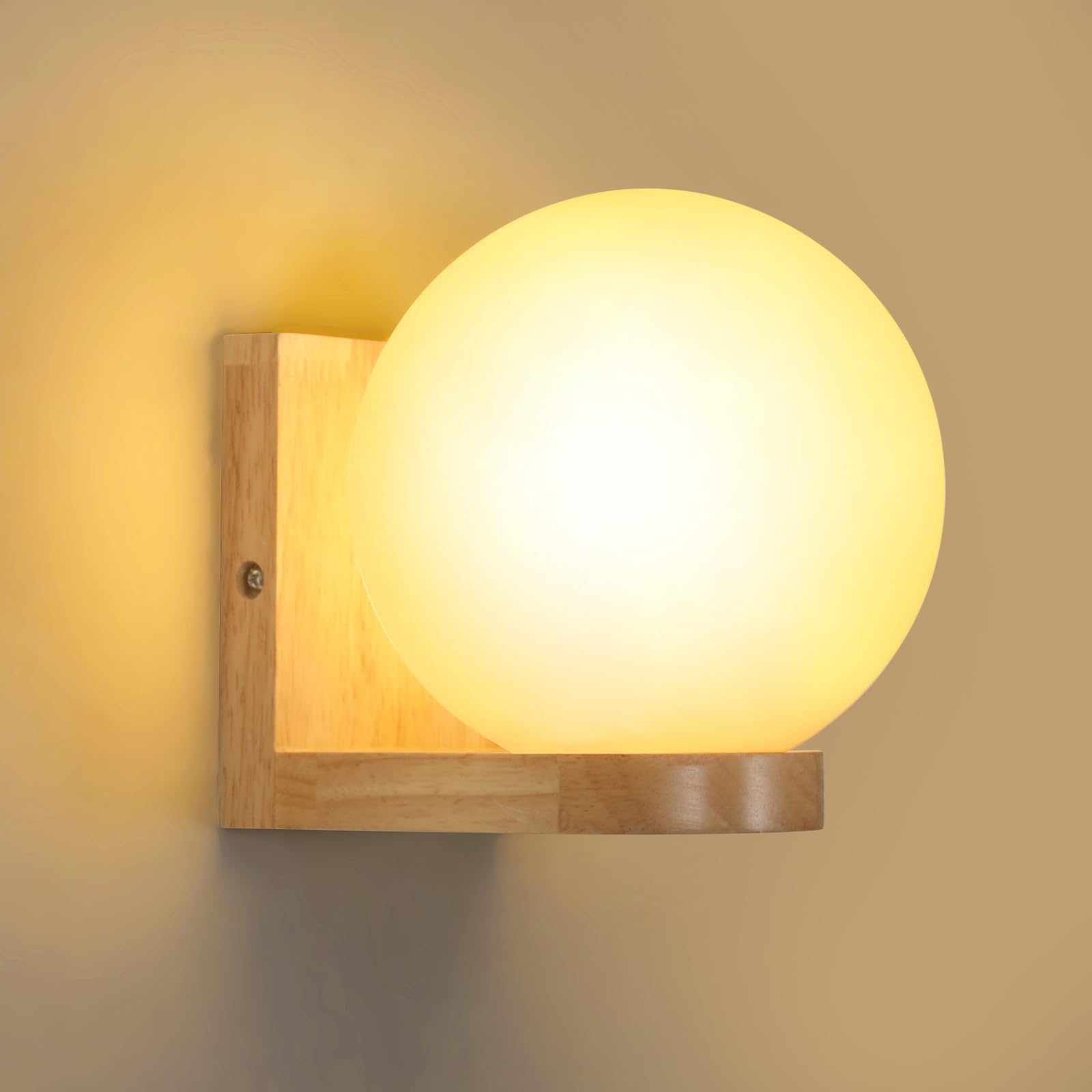 Tealight Applique da Parete Interno in Legno, Lampada da Parete Interno Vintage E27 per Camera da Letto, Lampada a Muro Palla di Vetro per Soggiorno Corridoio(Senza Lampadina), Wall Light Wood Round