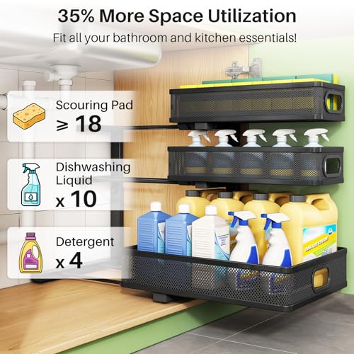 Image of Kitstorack Under Sink Organizer, 2-Pack 3-Tier Height Adjustable Thickened Metal Pull out Cabinet Organizer Shelf, Slide out Storage Drawer Rack for Bathroom Kitchen Pantry Home Laundry Organization