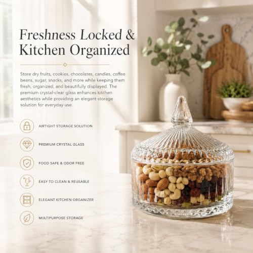 Image of bellemax Ribbed Glass Candy Jar with Lid, Clear Decorative Storage Container for Candy, Cookies, Dry Fruits, Chocolates, Snacks & Kitchen (Pack of 1)