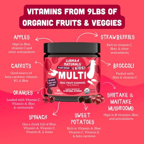 Image of Llama Naturals Kids Multivitamin Gummies | Real Fruit, No Added Sugar Cane | Organic Vegan Toddler Whole Food Vitamins | Vitamin D, C & Beta Carotene Gummy Supplement | Cherry 180 Ct (2-3 Months)
