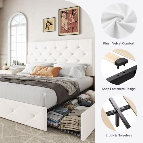 Image of Allewie Upholstered Full Size Platform Bed Frame with 4 Storage Drawers and Adjustable Headboard, Diamond Button Tufted, Wooden Slats Support, Noise-Free, No Box Spring Needed, Easy Assembly, White