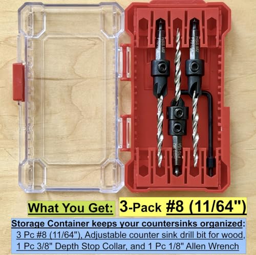 Image of FTG USA 3-Pk #8 (11 /64 inch) Countersink Drill Bit Set, 1 Stop, 1 Wrench & Case