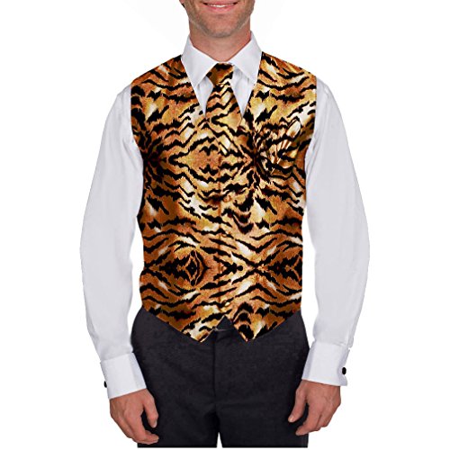 Men's Animal Printed Tiger Print Vest Neck Tie Ties and Hanky Set for Proms Weddings and Formal Events