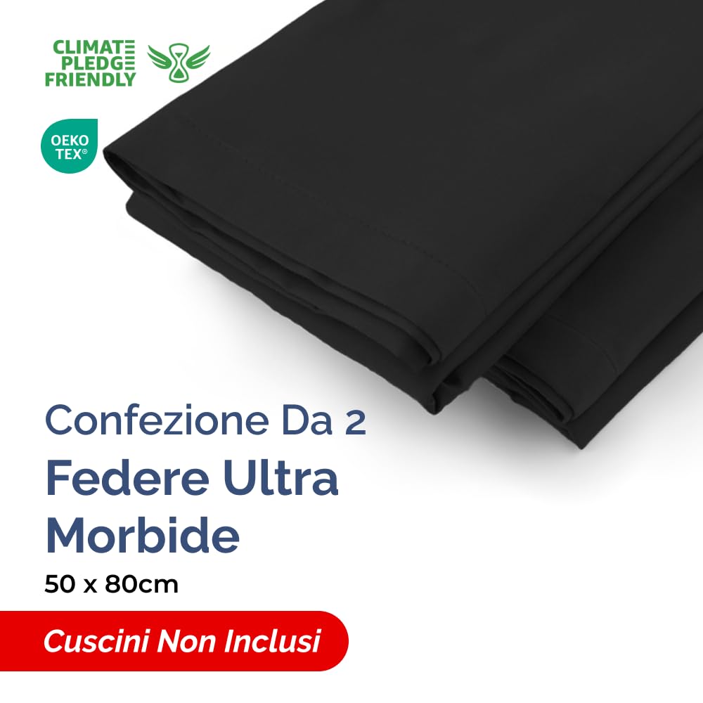 Federa 50x80 Nero- Set da 2 - Federe in Microfibra di Alta Qualità - Morbide, Confortevoli e Lavabili in Lavatrice - Federa 50x80 per Cuscini, Set 2 Federe Nero - OEKO-TEX Certificato