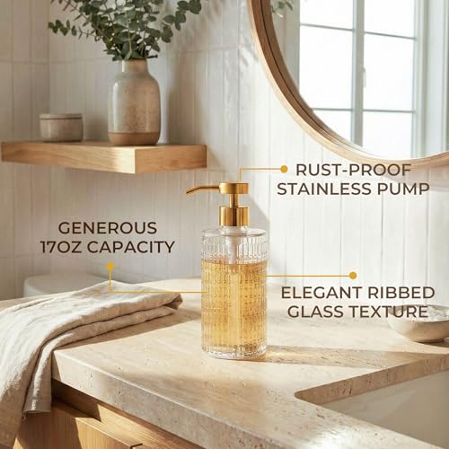 Image of Fluted Glass Hand Soap Dispenser with Gold Pump for Bathroom, 17oz | Vintage Art Deco Reeded Glass, Refillable Clear Ribbed Bottle, Rust-Proof Gold Finish Pump, for Kitchen Countertop
