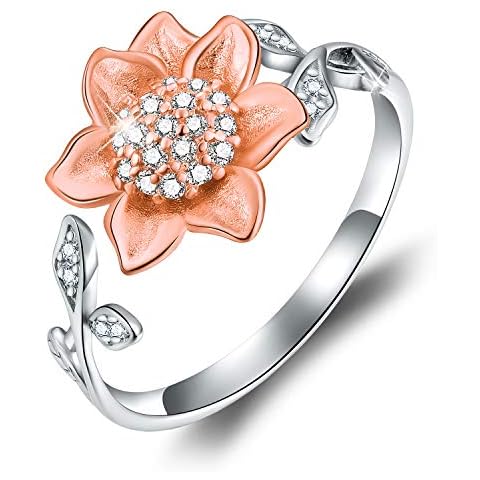 Esberry ✦Birthday Gifts for Women 18K Gold Plating S925 Sterling Silver Sunflower Open Ring 3D Flower Shape Adjustable Ring Jewelry for Women. (Rose Gold) Cover